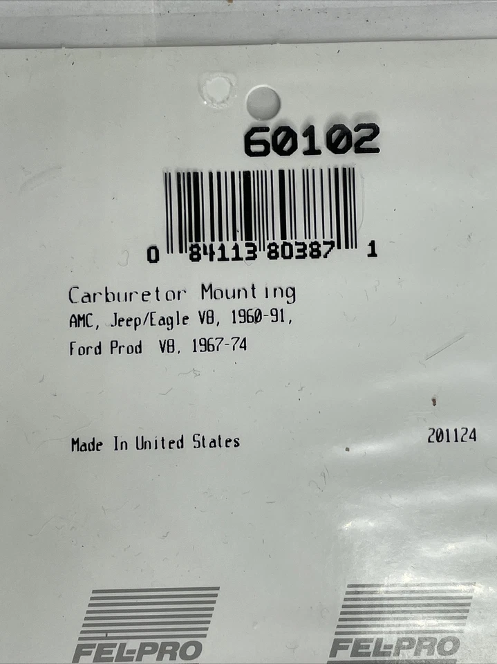 JUNTA DE MONTAJE DE CARBURADOR FEL-PRO 60102 para AMC Jeep/Eagle V8 1960-91 y Ford V8 Foto 2 de 2