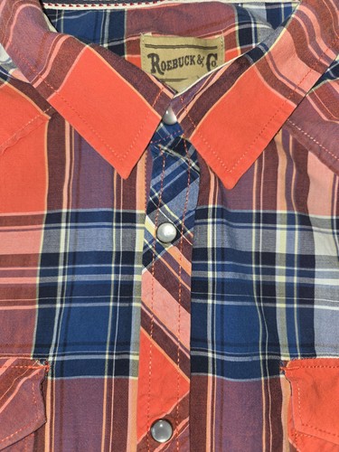 Rehbock & Co Vintage Western kariert orange blau kariert Perlen Druckknöpfe XXL
