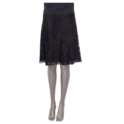 64941 auth CHANEL black viscose 2006 BOX PLEAT LACE Skirt 44 XL