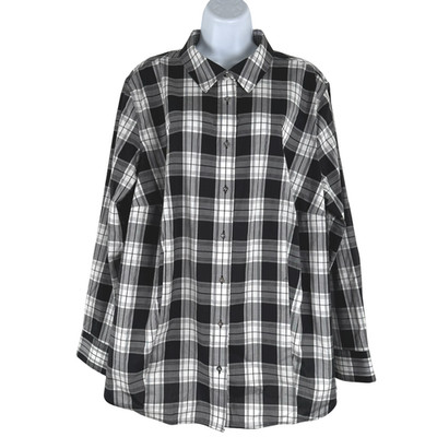 Talbots Non Iron Button Front Shirt 20W Black White Plaid Long Sleeve NWT TP3588