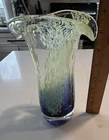 Murano Vase Art Glass Green Purple Speckled Hand Blown Heavy Tulip Shaped 8"