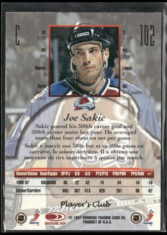 1997-98 Donruss Canadian Ice Joe Sakic Provincial Series Player's Club #102 - Image 2 of 2