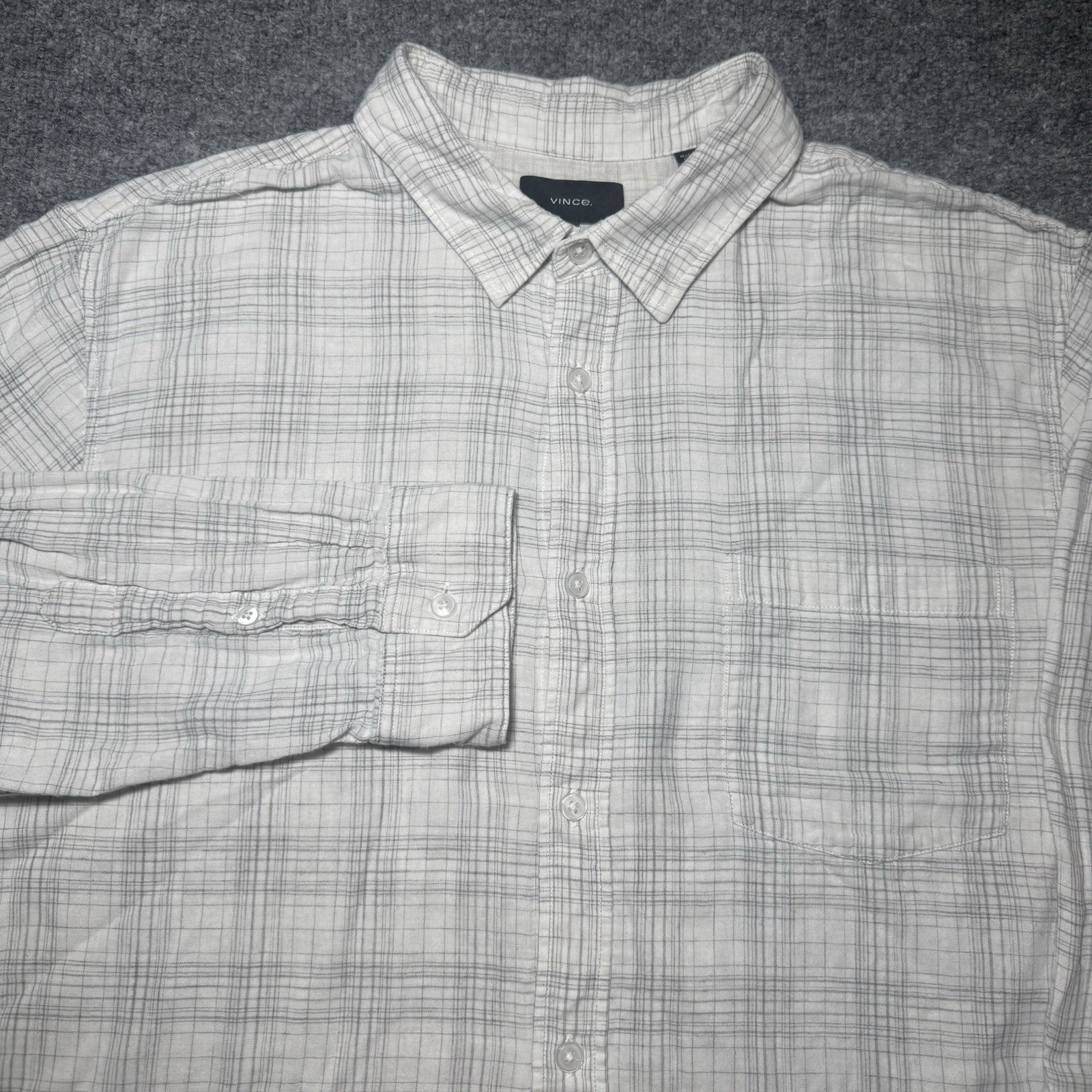 Vince Button-Up Plaid Flannel Shirt Classic Fit 100% Cotton Men’s XL White Gray