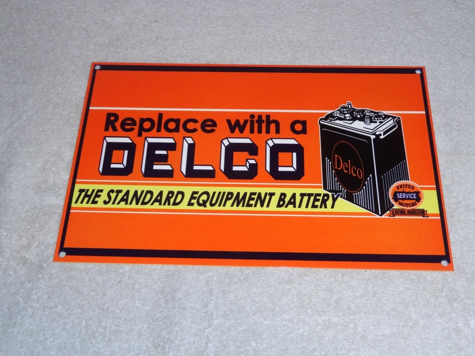 DE COLECCIÓN DELCO BATTERY & UNITED MOTOR SERVICE CAR 12" METAL GASOLINA ACEITE LETRERO! GM Foto 4 de 4