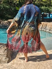 Maya Antonia Cotton Hand Tie-Dye Capri Sunset Lace-Sheer Kimono/Duster/Beach