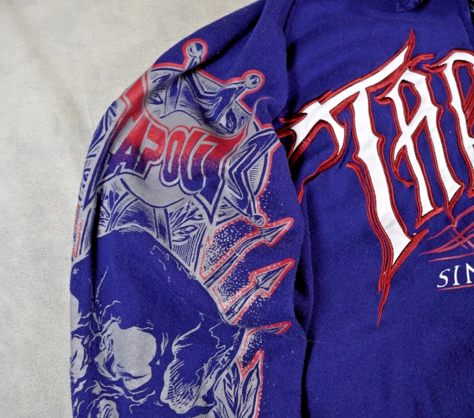 Толстовка с капюшоном Y2K Tapout графическая синяя XL флисовая на молнии гранж вышитый логотип - Изображение 3 из 4