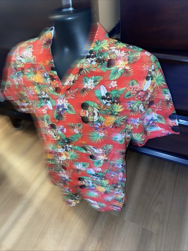 Disney Hawaiian Button Up Shirt Mens Medium Red Mickey Mouse Aloha Short Sleeve - Picture 2 of 6