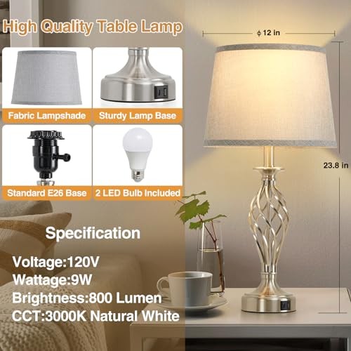 Nightstand Table Lamps for Bedrooms Set of 2 with USB C+A, Bedside Lamps with 