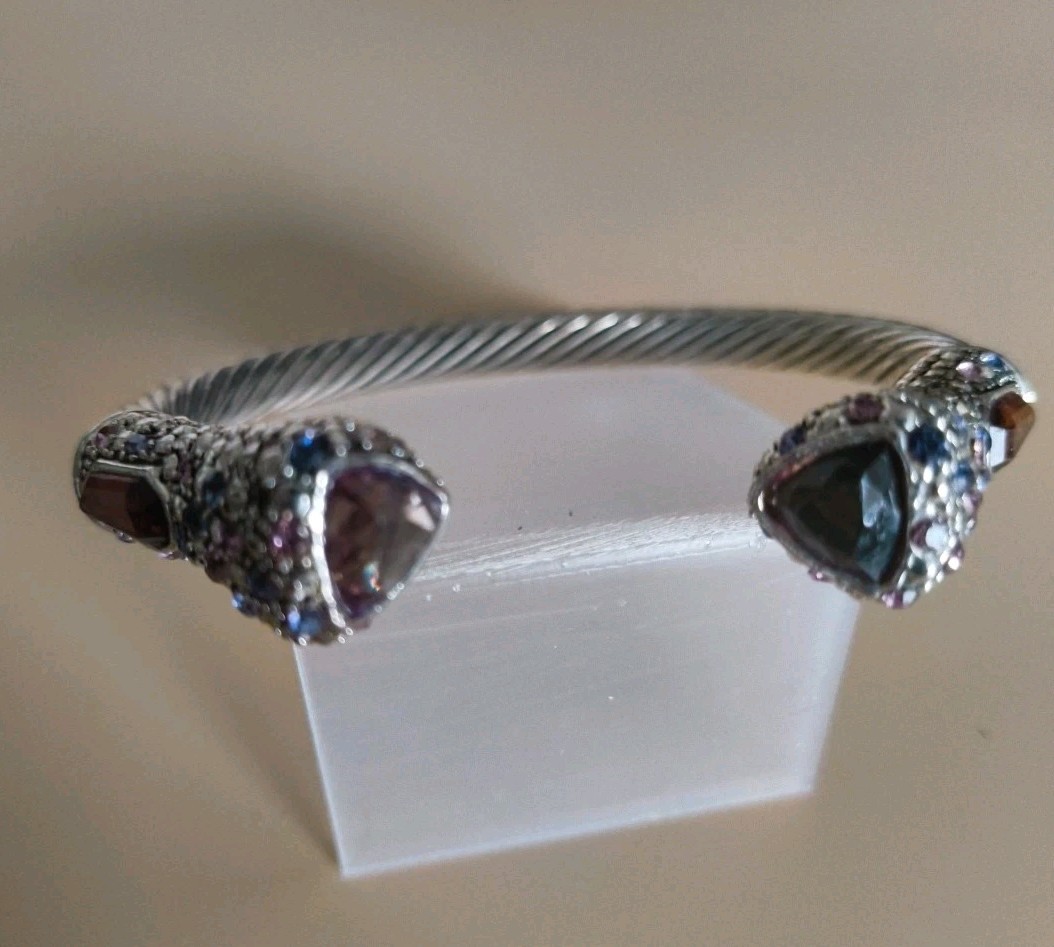 Twisted Silver Cable Bracelet  Multi Colored Crys… - image 4