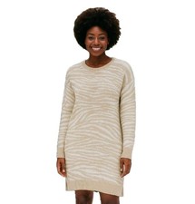 Banana Moon Tan Cream Animal Print Long Sleeve Festive Winter Knit Sweater Dress