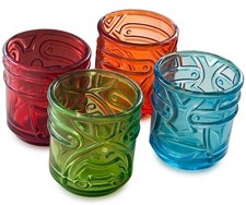 4 Different Design Multicoloured Half Pint Tiki Glass Tumblers. LOVELY CONDITION