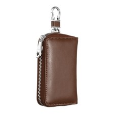 Genuine Leather Key Holder Bag with 6 Metal Hooks Keyring & 4 Card Slot Brown