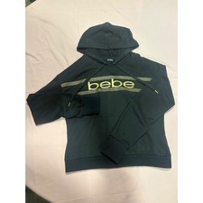 Bebe Sport Womens Hoodie Black Gold Logo Pullover Sweatshirt Thumbholes Large