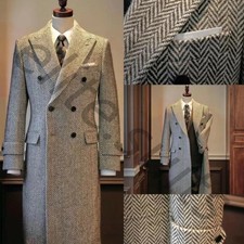 Men's Overcoats Herringbone Tweed Peak Lapel Double Breasted Formal Long Coats