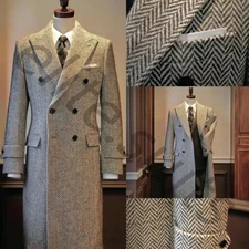Men's Overcoats Herringbone Tweed Peak Lapel Double Breasted Formal Long Coats
