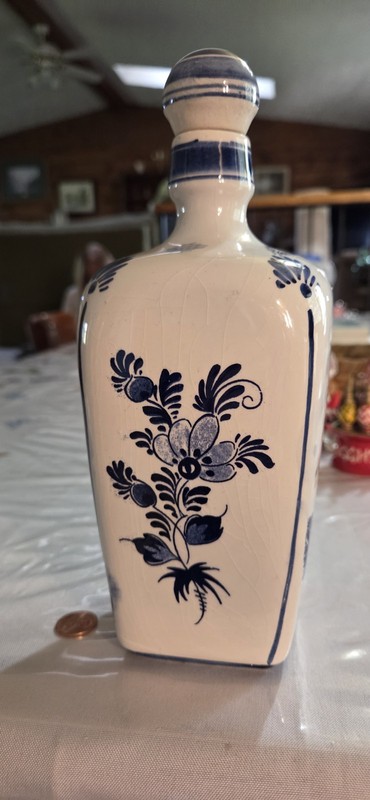 Vntg Hand-Painted Defts Blue Whaleship Gratitude Decanter Jug Made In Holland