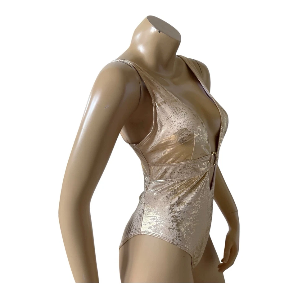 Terno de banho feminino tamanho médio metálico dourado uma peça recortado mergulho - Imagem 3 de 4