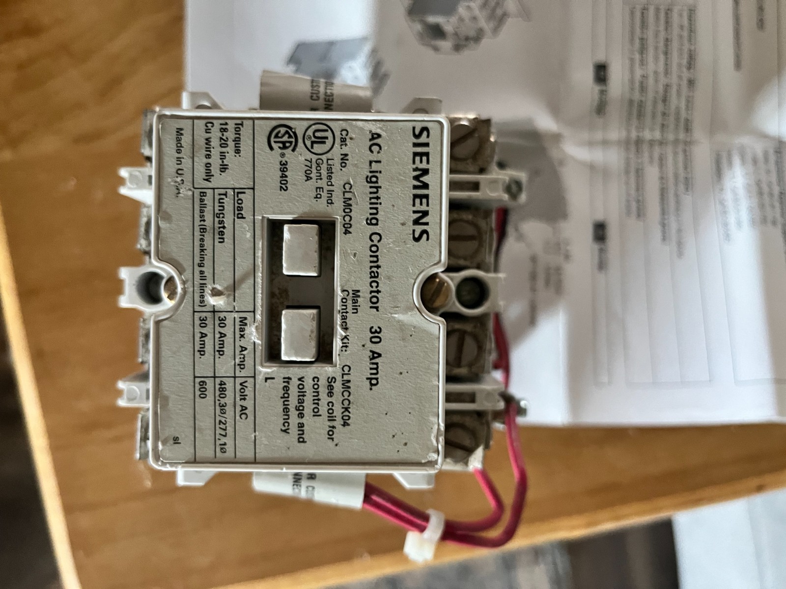 Siemens AC Lighting Contactor 30Amp 600V CLMOC04