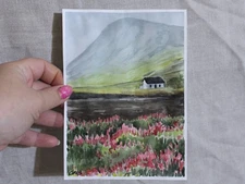 River Cottage Original Watercolor Painting 7x5 Scotland Landscape Heather Field