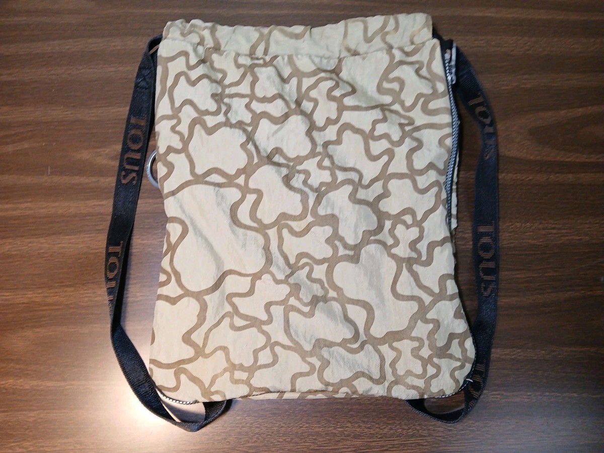 TOUS Drawstring Backpack Tan Brown Expandable Logo All Over 