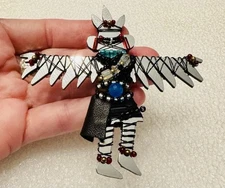 Vintage Artisan LizTech Eagle Dancer Kachina Brooch Pin w/ Beads & Wire READ