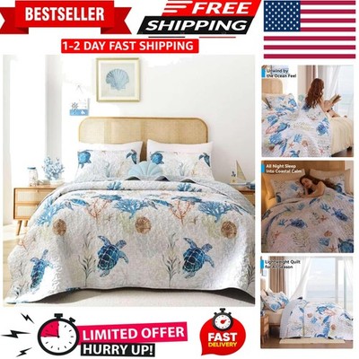 Coastal Quilt Set Queen Size - Sea Turtle Ocean Print Lightweight Soft Microfibe