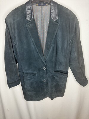 Vtg Yessica Suede Jacket Women s Dark Blue Blazer Leather Collar