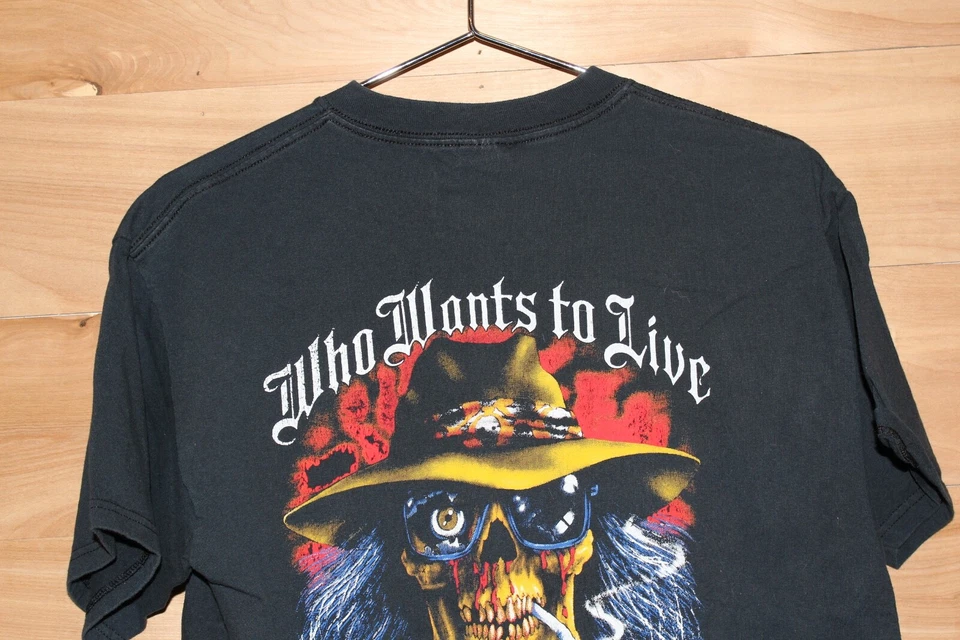 Camiseta de motociclista vintage calavera que quiere vivir para siempre negra grande para hombre Foto 2 de 4