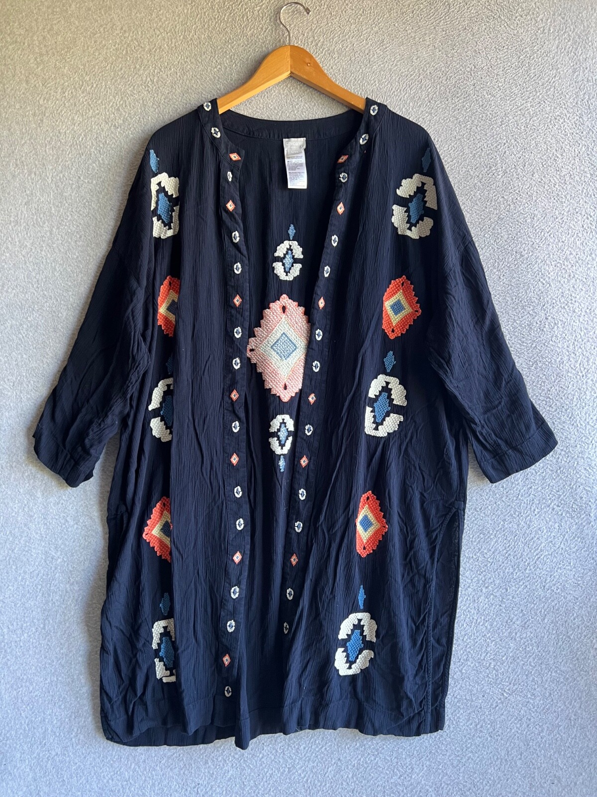 Chicos Cardigan Womens L/XL Navy Blue Embroidered Aztec Open Front