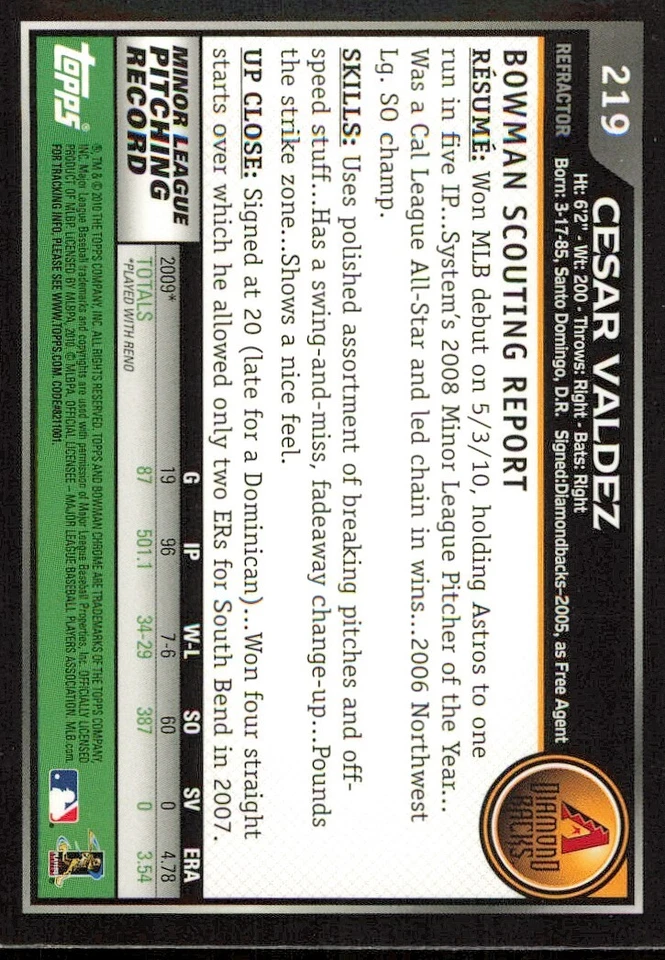 2010 Bowman Chrome Refractors #219B Cesar Valdez - Image 2 of 2