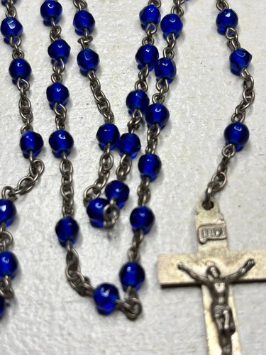 Rosario Vintage Argento Sterling 1/8" Blu Cobalto Perline Vetro 19" Lunghezza Religioso - Foto 2 di 4