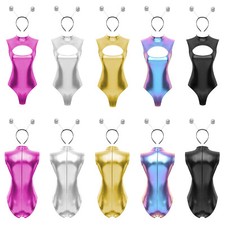 Womens Suit With Hair Hoop Headband Costume Outfit Set Shiny Metallic Bodysuit
