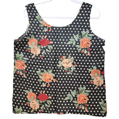 FY2 Womens Silk Blouse Sz M Reversible Dark Fairy Floral Tank Top Roses Polkadot