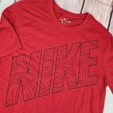 Nike Men's Large T-Shirt Athletic Woodgrain Big Nike Chest Print Dri-fit Red Tee