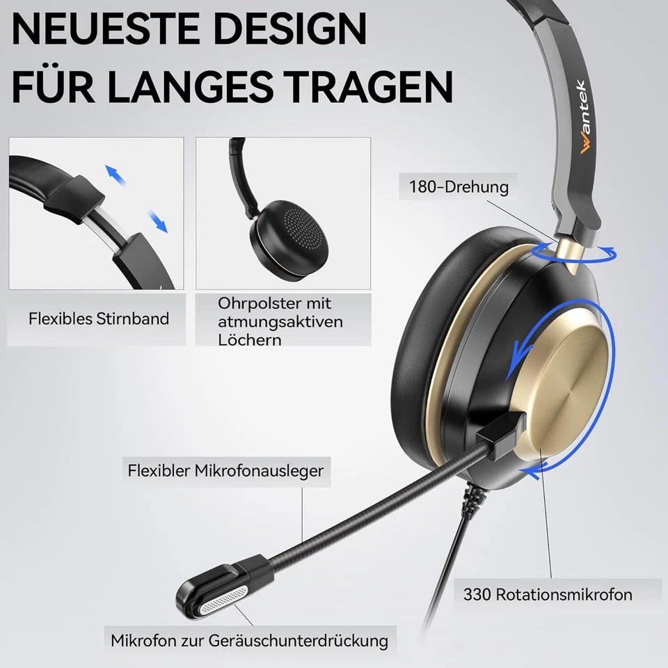 Wantek Headset mit Kabel Mikrofon USB/3.5mm Kopfhörer für PC/Telefone/Handys - Bild 4 von 4