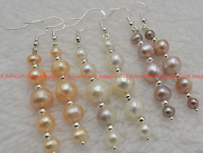 6-7mm-11-12mm Multicolor Genuine Freshwater Pearl Dangle Silver Hook Earrings