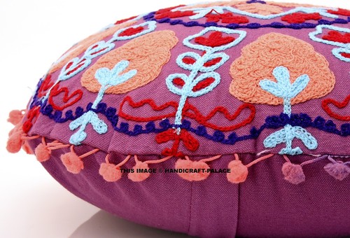 Indian Suzani Embroidered Decorative Cushion Round Pillow Cover Pom Lace 16" - Picture 2 of 4