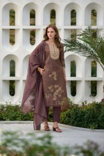 Color Brown kurti set for women's Tissue with floral print and embroidery