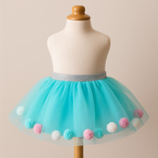 Wonder Nation Baby Girl Tutu Skirt Blue Silver Pom Pom 12M Birthday