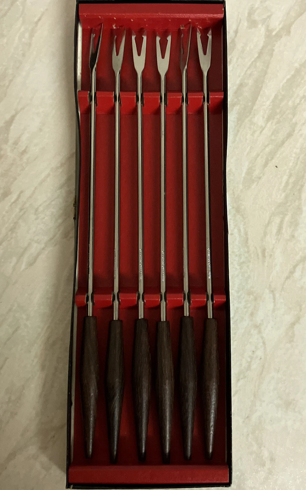 MCM Vintage Stainless Steel Wood Handled Set (6) of Fondue Forks in Original Box