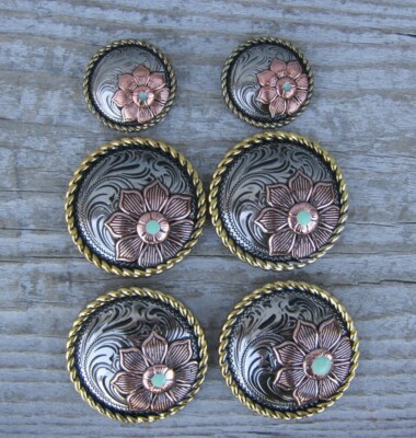 Floral Rope Edge Turquoise Copper Concho Screw Back Saddle Set 1'' 1-1/2''