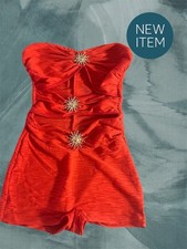 Red Textured Strapless Cut Out Mini Dress with Sun Metal Buttons
