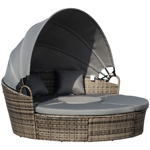 Outdoor Grey Convertible Daybed, 4pc Furniture Set, Sofa, Coffee Table, Chairs
