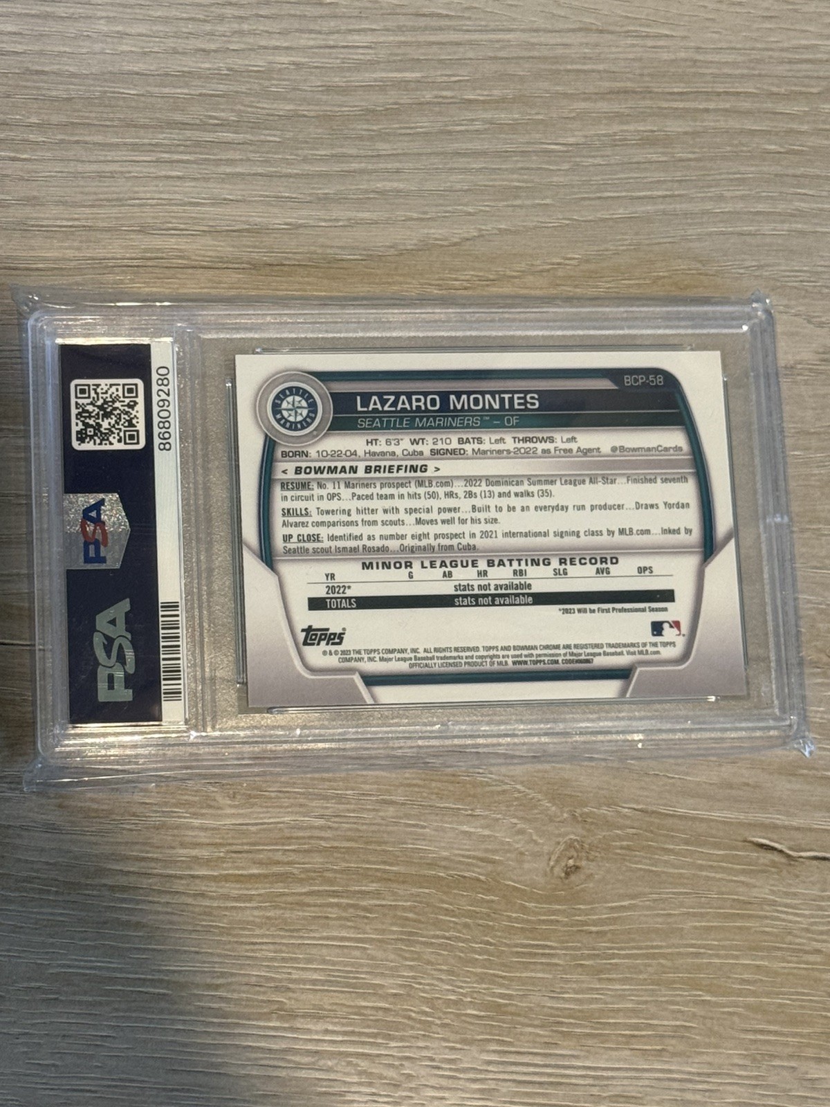 2023 Bowman Chrome #BCP-58 Lazaro Montes 1st Mojo Refractor Mariners PSA 10 view 2