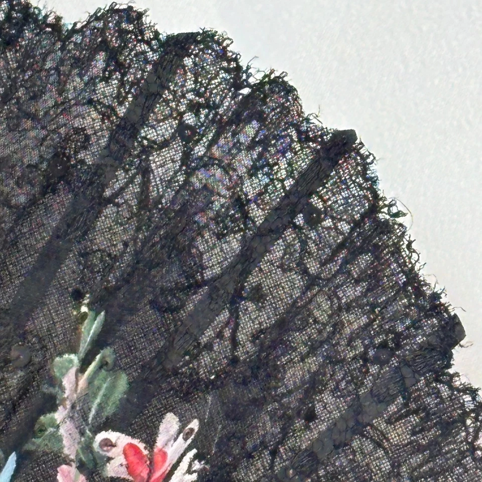 Antique Black Organdy Folding Fan Hand Painted Lace Edge Scalloped Balloon Shape - Image 3 of 4