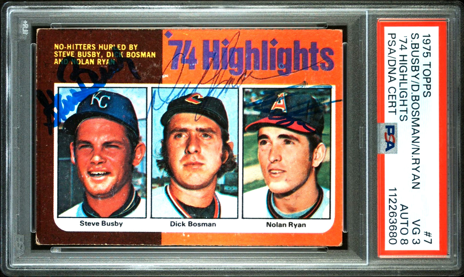 Nolan Ryan Busby Bosman All Autographed 1975 Topps Baseball Card #7 AUTO PSA/DNA