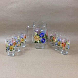 Vintage Floral Glass Pitcher Set with 6 Glasses Hand Painted IN#713