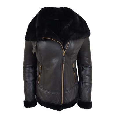 Women's B3 Bomber RAF Aviator Shearling Real Leather Jacket Coat   Black Fur
