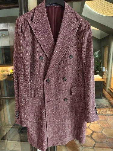 Suitsupply Bleecker Men's Burgundy Herringbone Double-Breasted Long Coat 42 - product listing photo