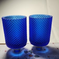 Votive Cups Candle Holders Glass pegged Royal Blue Pressed Glass diamond point